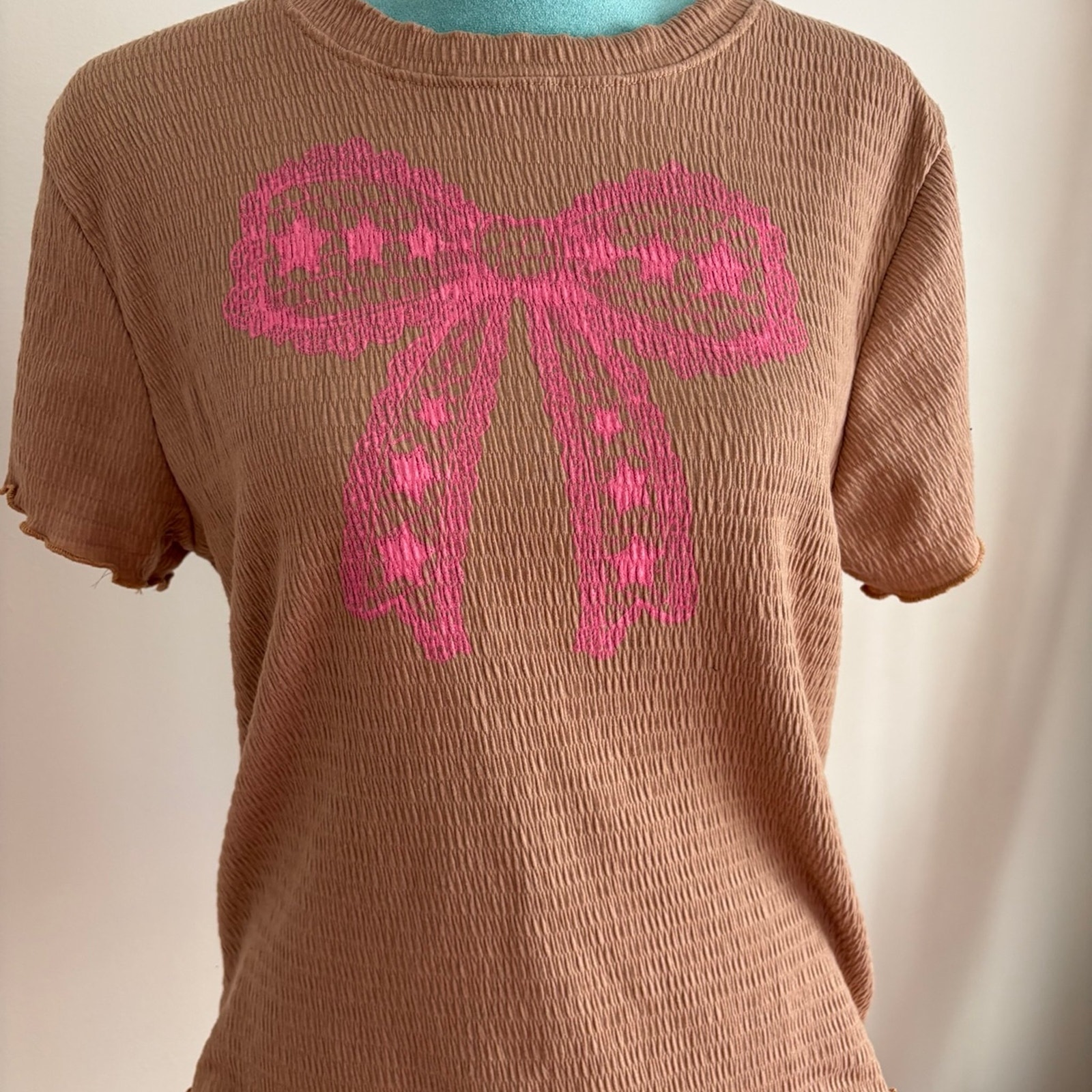 Retro Coquette Brown Ribbed Baby Tee - Pink Lace Star Bow Graphic Y2k Aesthetic